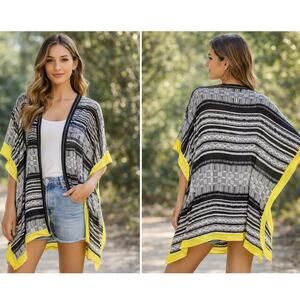 Moss Rose Black White Tribal Print Kimono Open Front One Size Yellow Trim